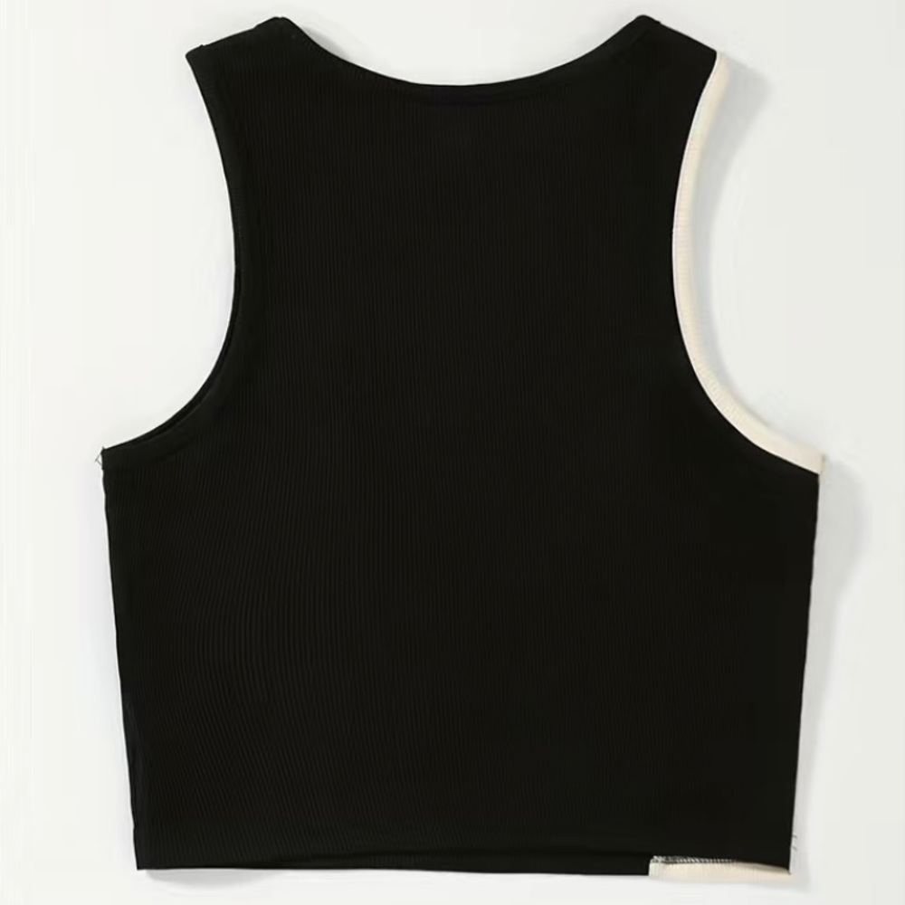 Yin & Yang Black & White 2 Tone Color Block Rib Knit Crop Top - Picture 6 of 7